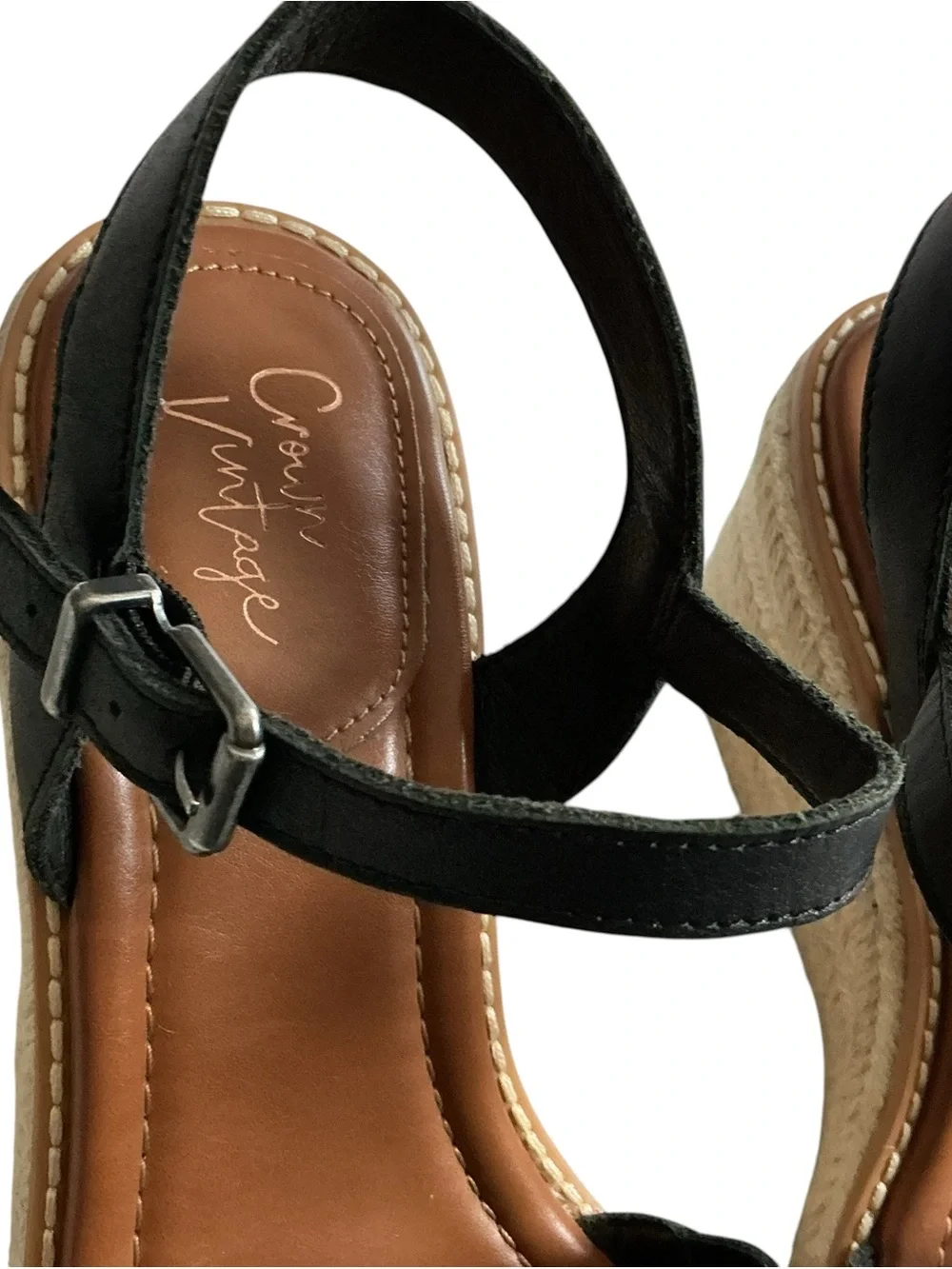 Crown Vintage Hendra Espadrille Wedge Sandals Black Leather Strappy Size 8.5 M
